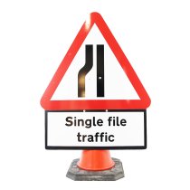 Cone Sign Road Narrows Left with 'Single File Traffic' Plate