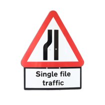 Cone Sign Road Narrows Left with 'Single File Traffic' Plate