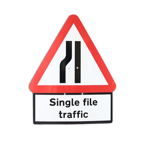 Cone Sign Road Narrows Left with 'Single File Traffic' Plate