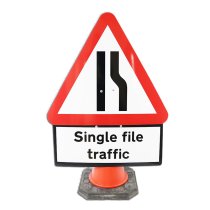 Cone Sign Road Narrows Right with 'Single File Traffic' Plate