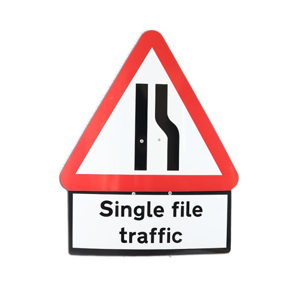 Cone Sign Road Narrows Right with 'Single File Traffic' Plate