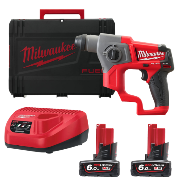 Milwaukee M12 FUEL™ Compact 2-Mode SDS-Plus Hammer (2 x 6.0Ah batteries, Charger, BMC) M12CH-602X